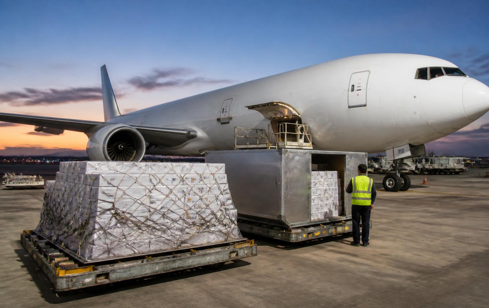 Air cargo pallet and ULD container loaded with insulated perishable boxes beside a freighter aircraft
