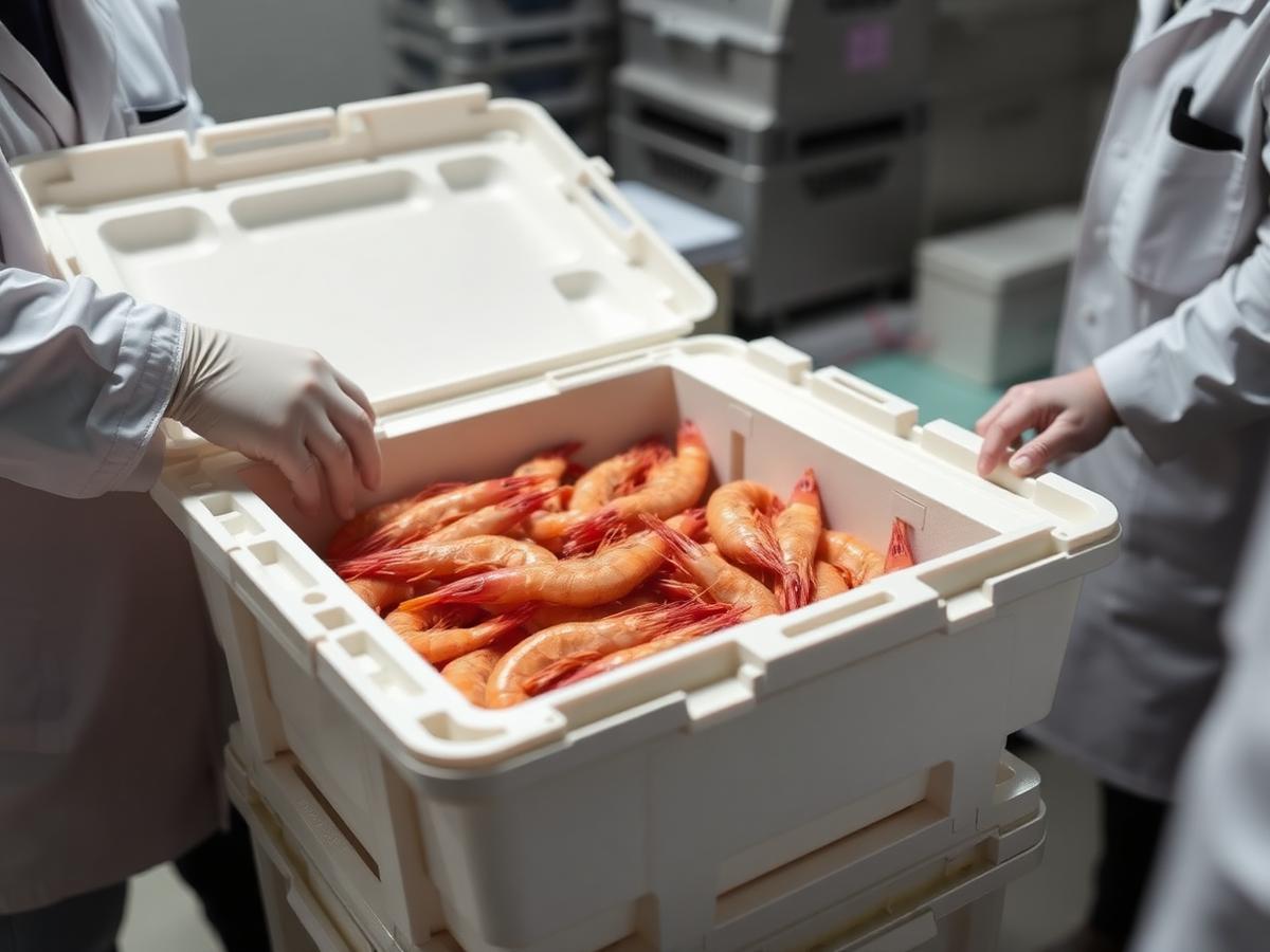 Chilled prawns being packed into an insulated export box with food-grade liner