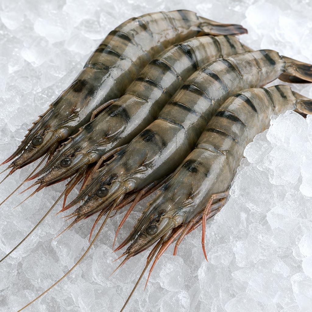 Raw chilled Black Tiger prawns, head-on shell-on, arranged on clean food-grade ice