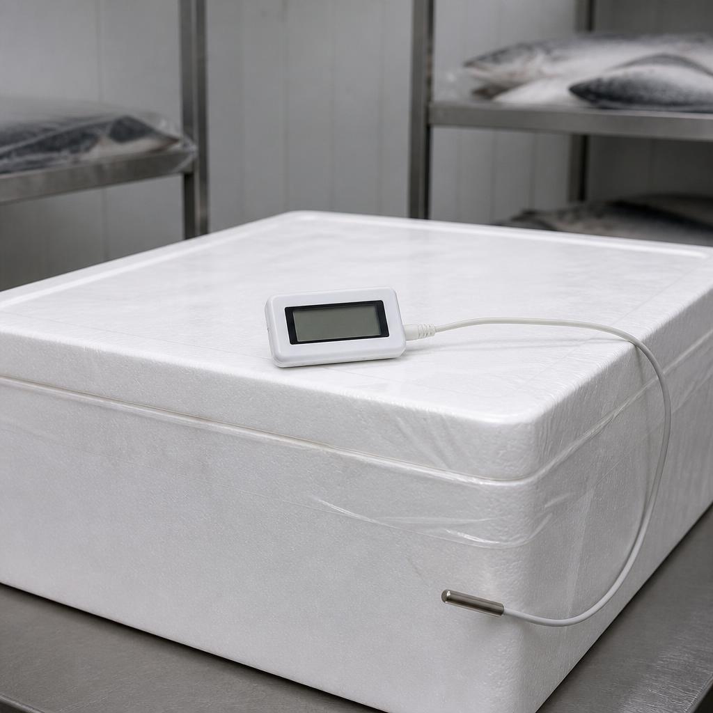 Temperature logger with probe placed on a sealed insulated seafood export box in a cold room