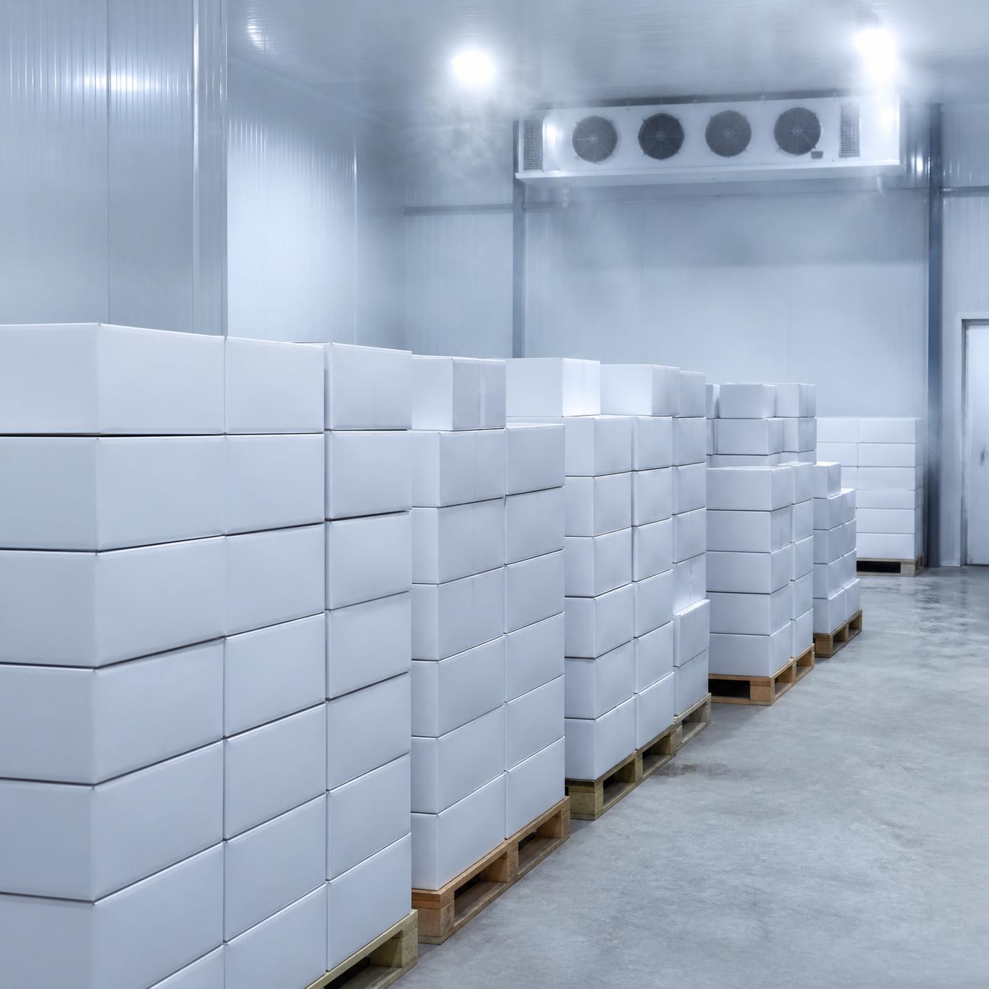 Frozen seafood cartons stacked on pallets inside a cold storage room