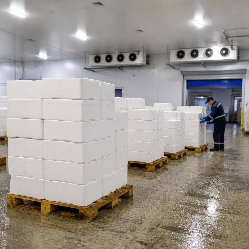 Stacked insulated chilled seafood cargo boxes on pallets inside an airport cold room