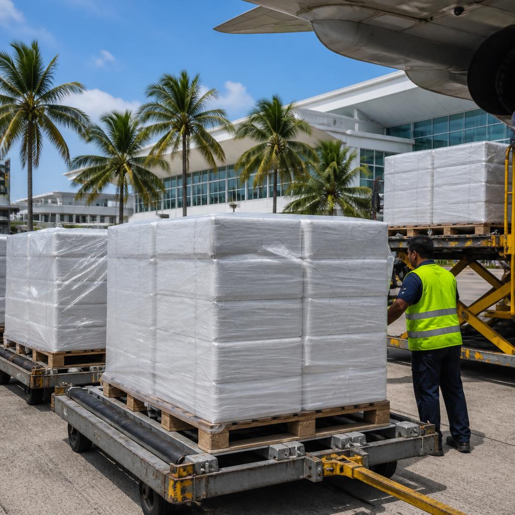 Palletised insulated seafood export boxes on an airport cargo apron in a tropical location