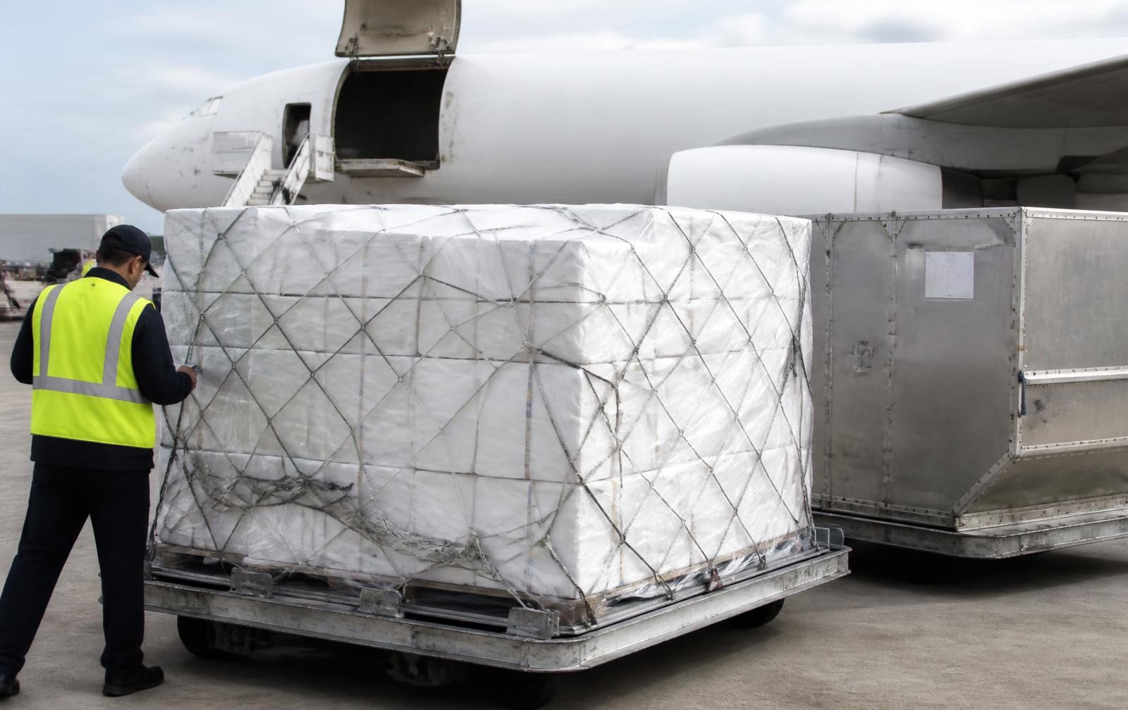 Shrink-wrapped air cargo pallet of insulated seafood shipping boxes at an airport cargo terminal