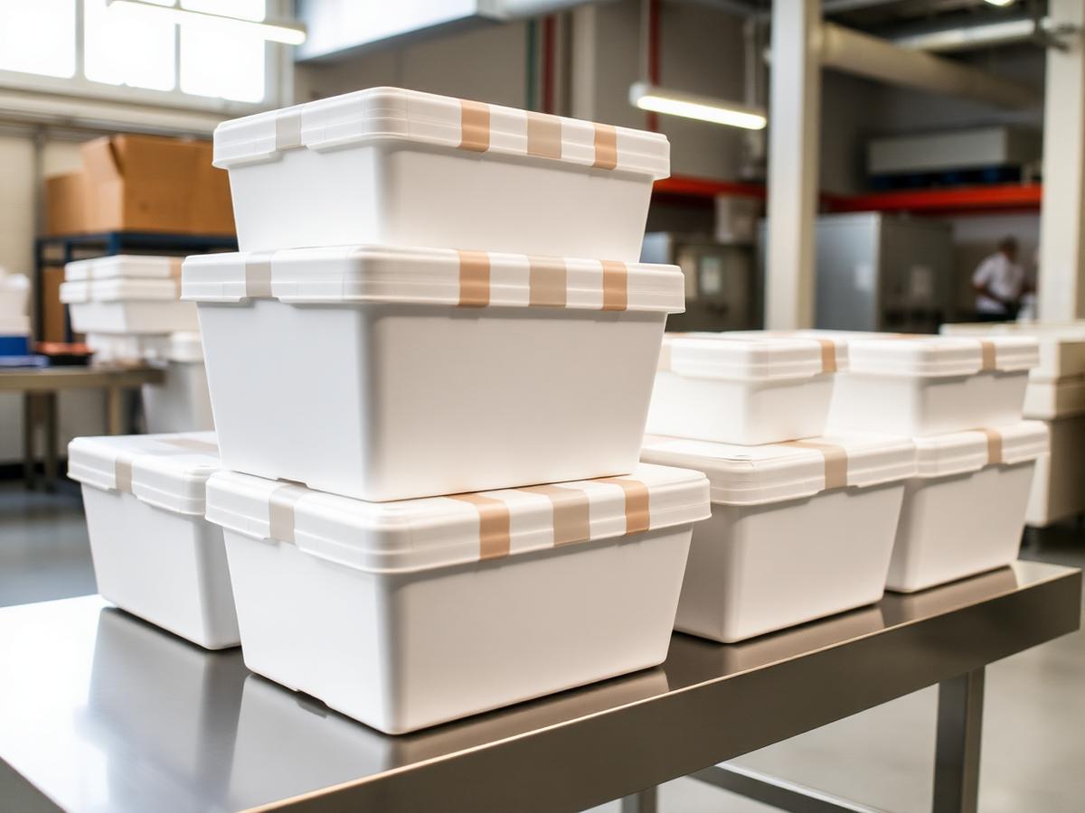 Insulated white seafood shipping boxes stacked on a stainless steel table