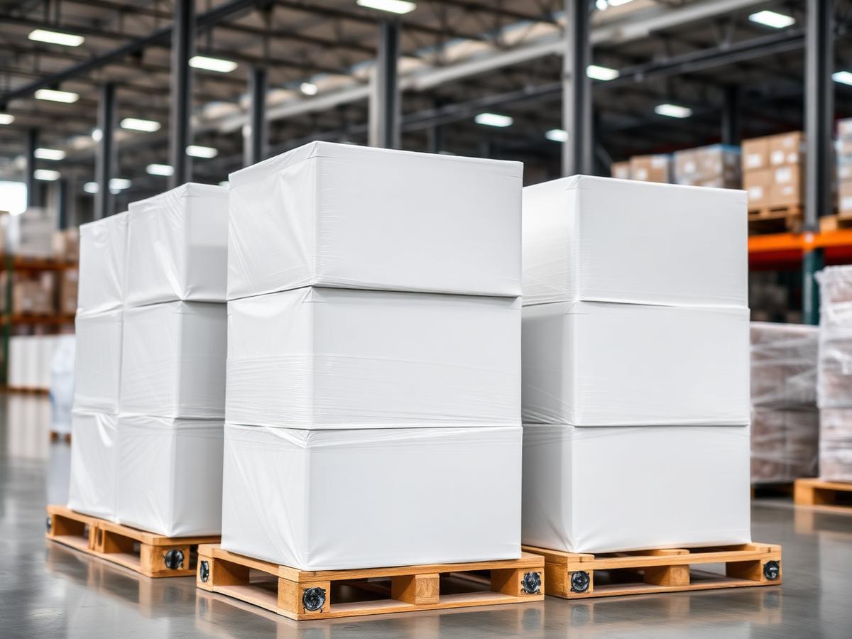 Palletised plain white frozen seafood export cartons in a cold storage warehouse