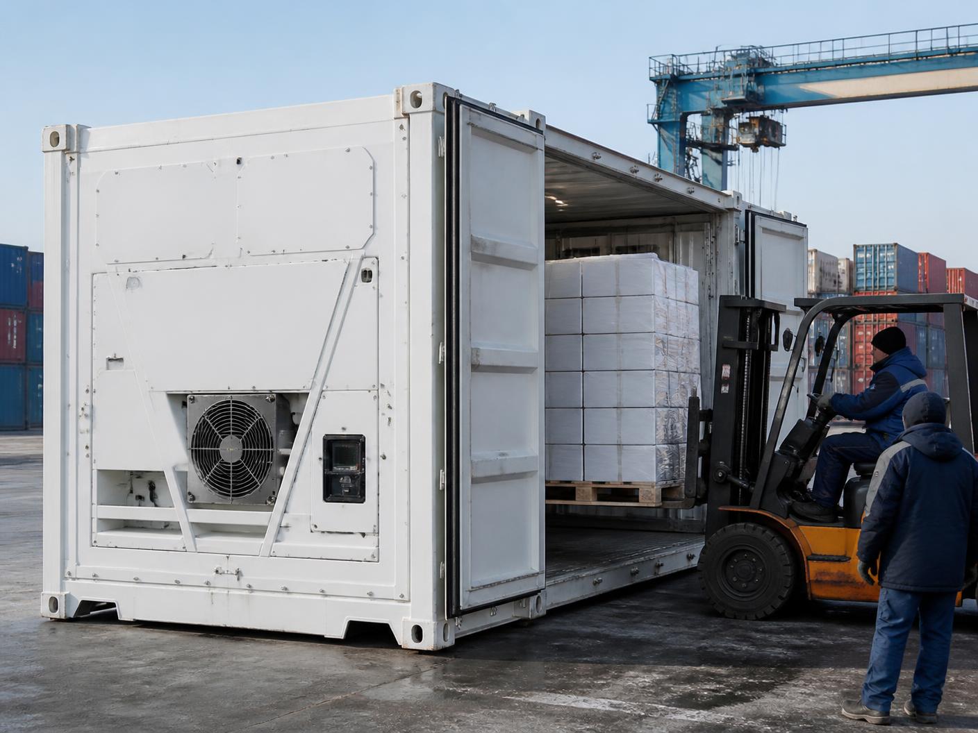 Forty foot refrigerated reefer container with visible refrigeration unit being loaded with palletised frozen seafood cartons at a container terminal
