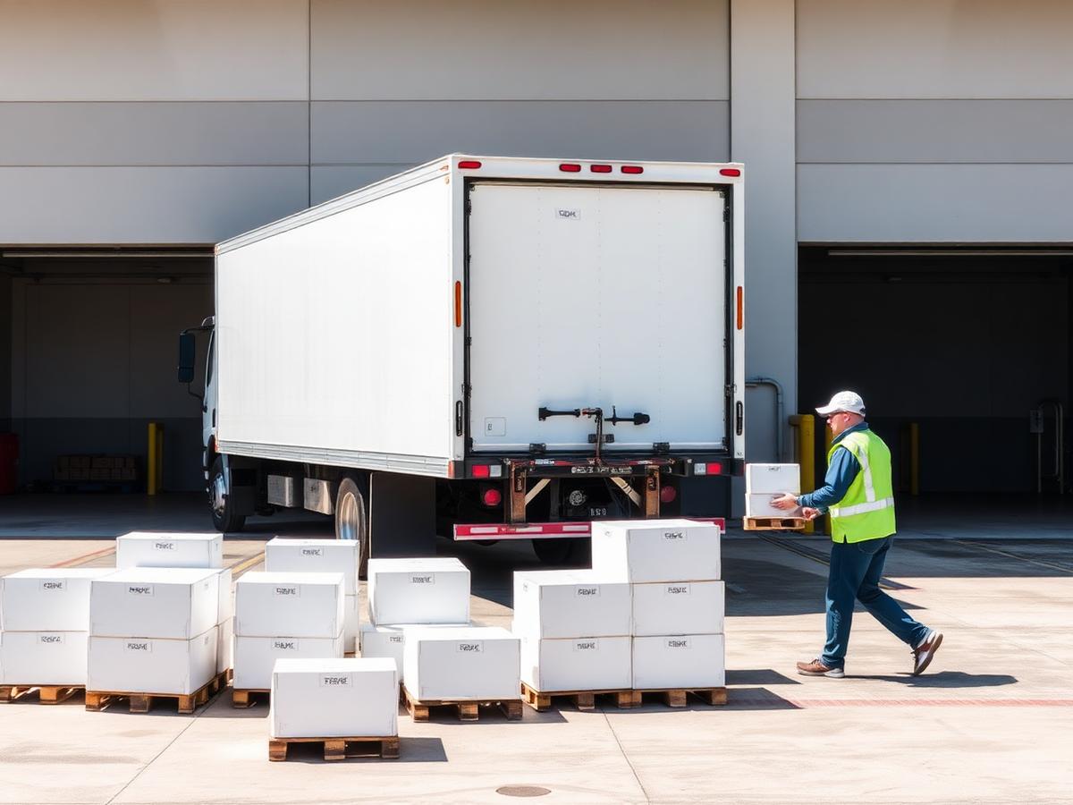 Refrigerated truck at a loading dock with plain frozen cartons