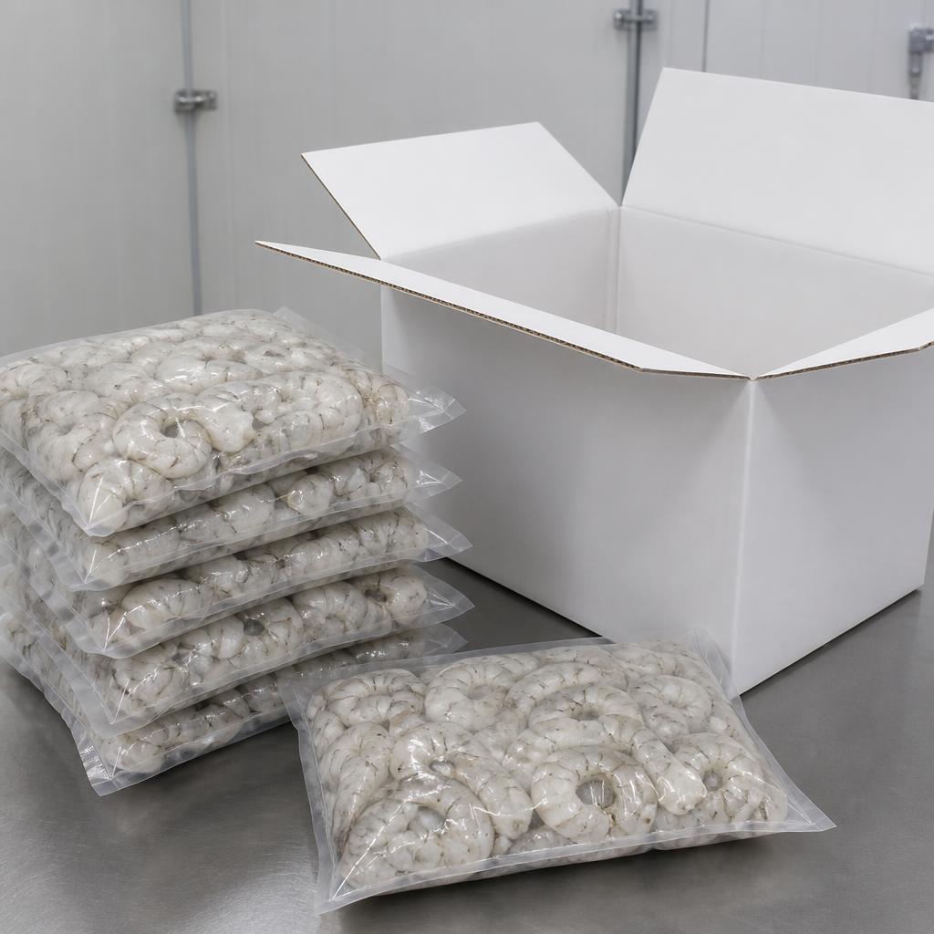 Sealed inner packs of frozen shrimp beside a plain white master carton