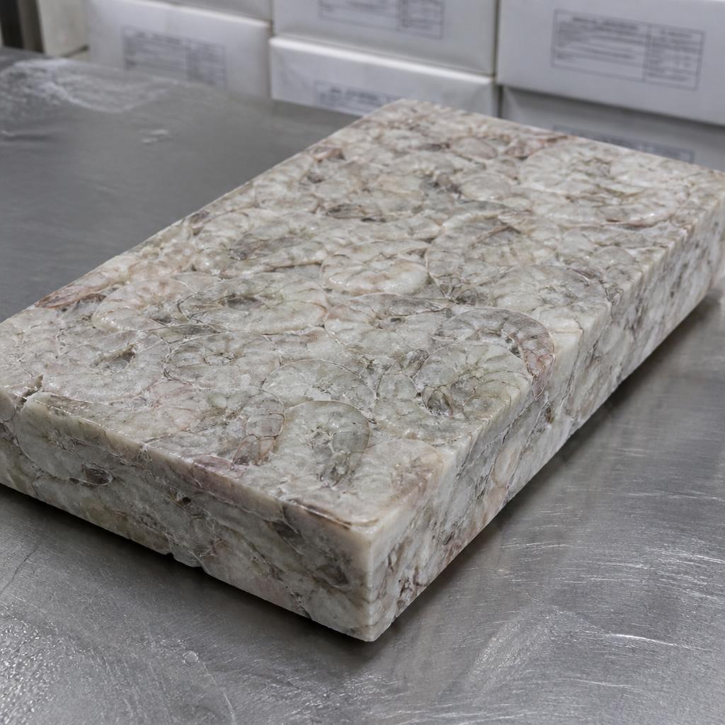 Rectangular frozen block of raw shrimp on a stainless steel table in cold storage