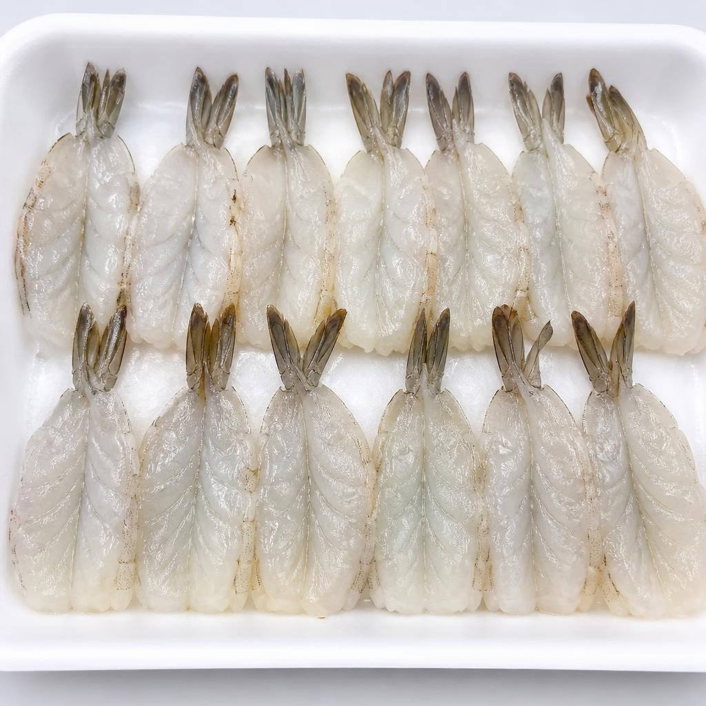 Raw peeled tail-on shrimp split lengthwise and opened flat in butterfly cut, in rows on a white tray
