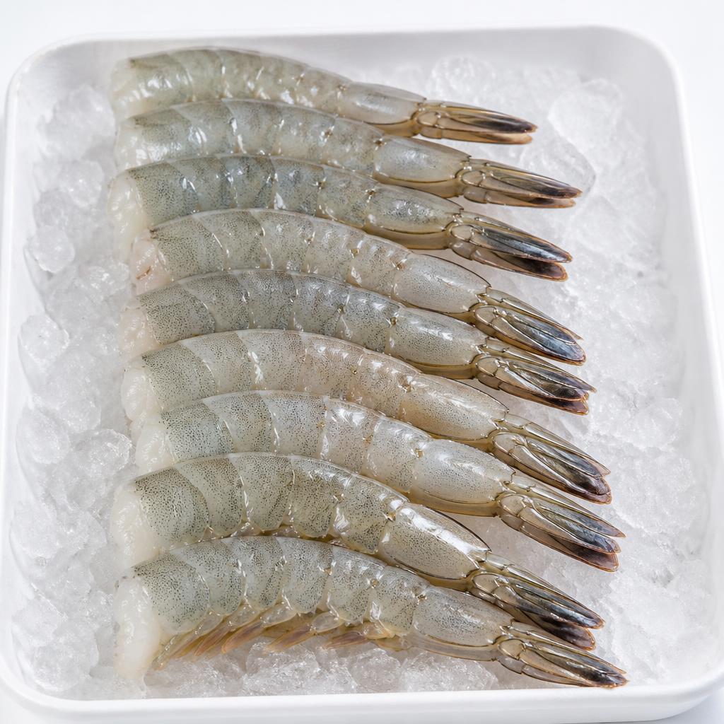 Raw shrimp with heads removed and shell still on the body, tail fan intact, on a white tray with ice