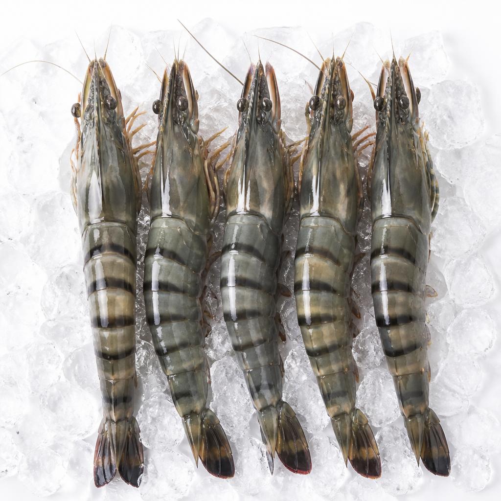 Raw head-on shell-on black tiger prawns with heads, shells and tails intact on crushed ice