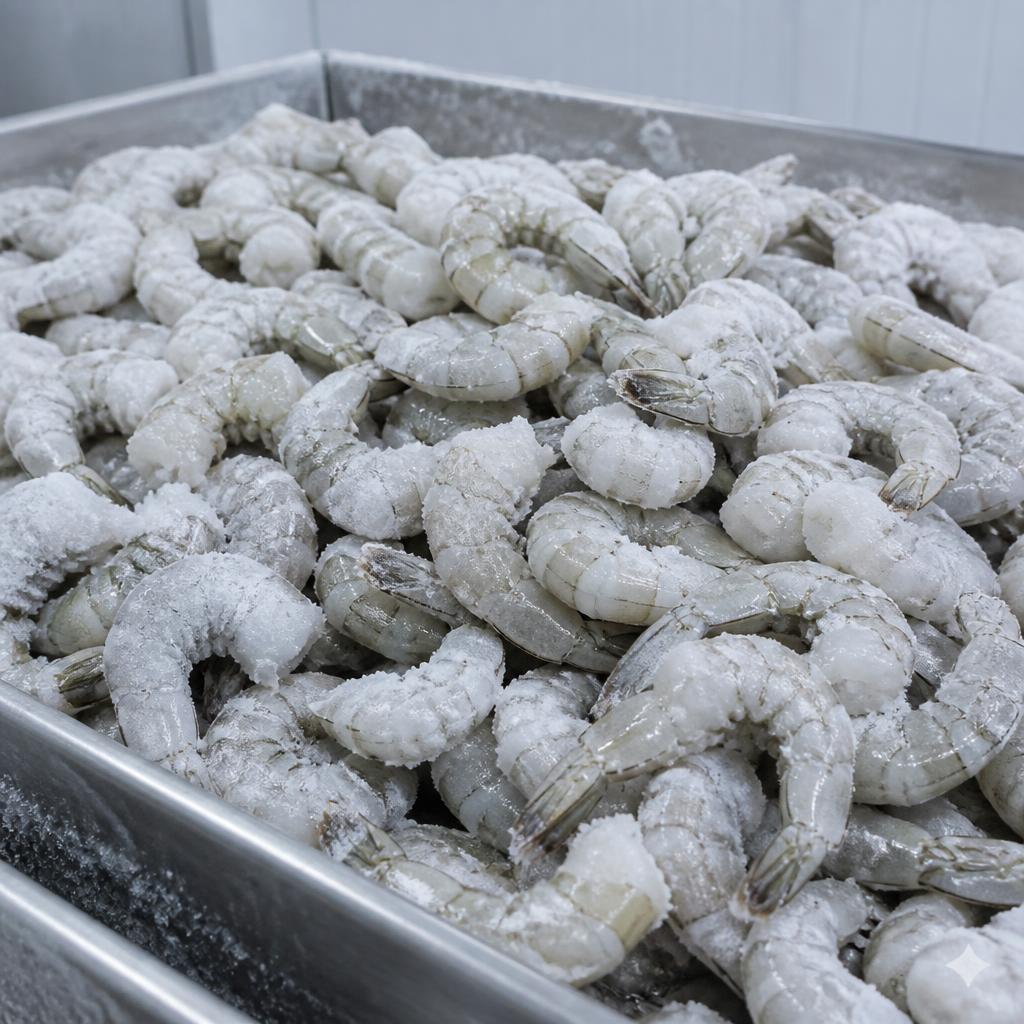 Loose individually quick frozen raw shrimp coated in frost in a stainless steel tray