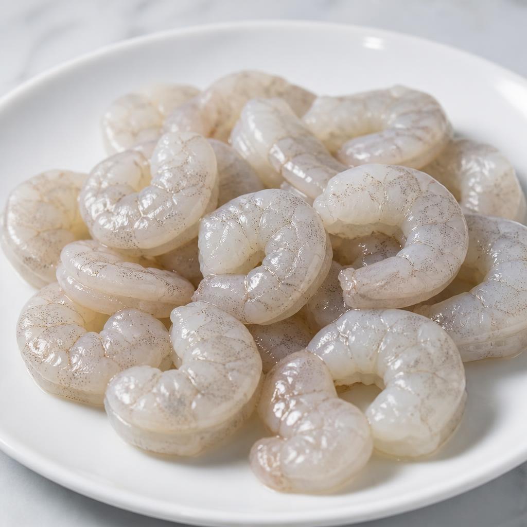 Raw peeled and deveined shrimp meat with head, shell and tail removed, on a white plate
