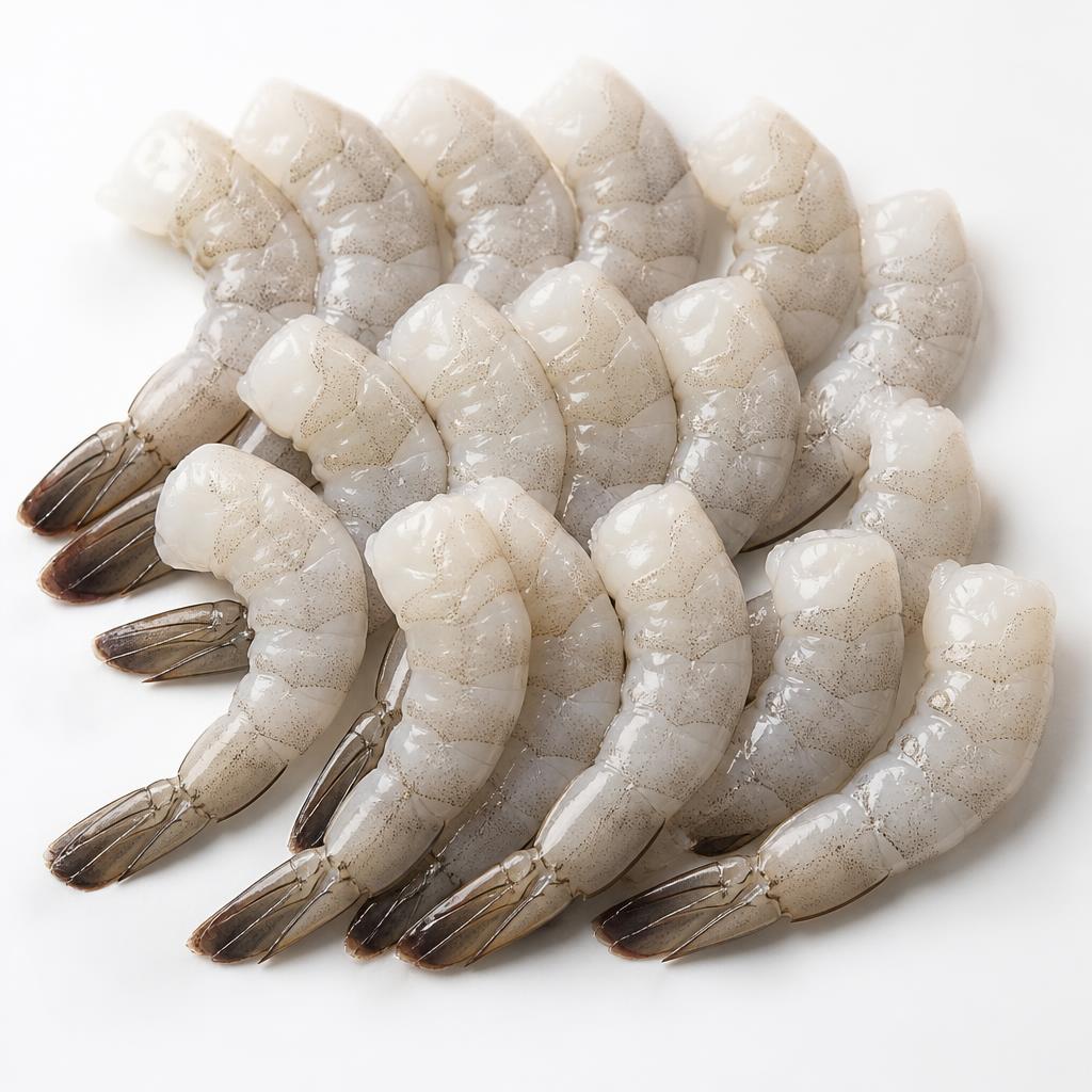 Raw peeled and deveined shrimp with the tail fan left on, arranged on a white surface