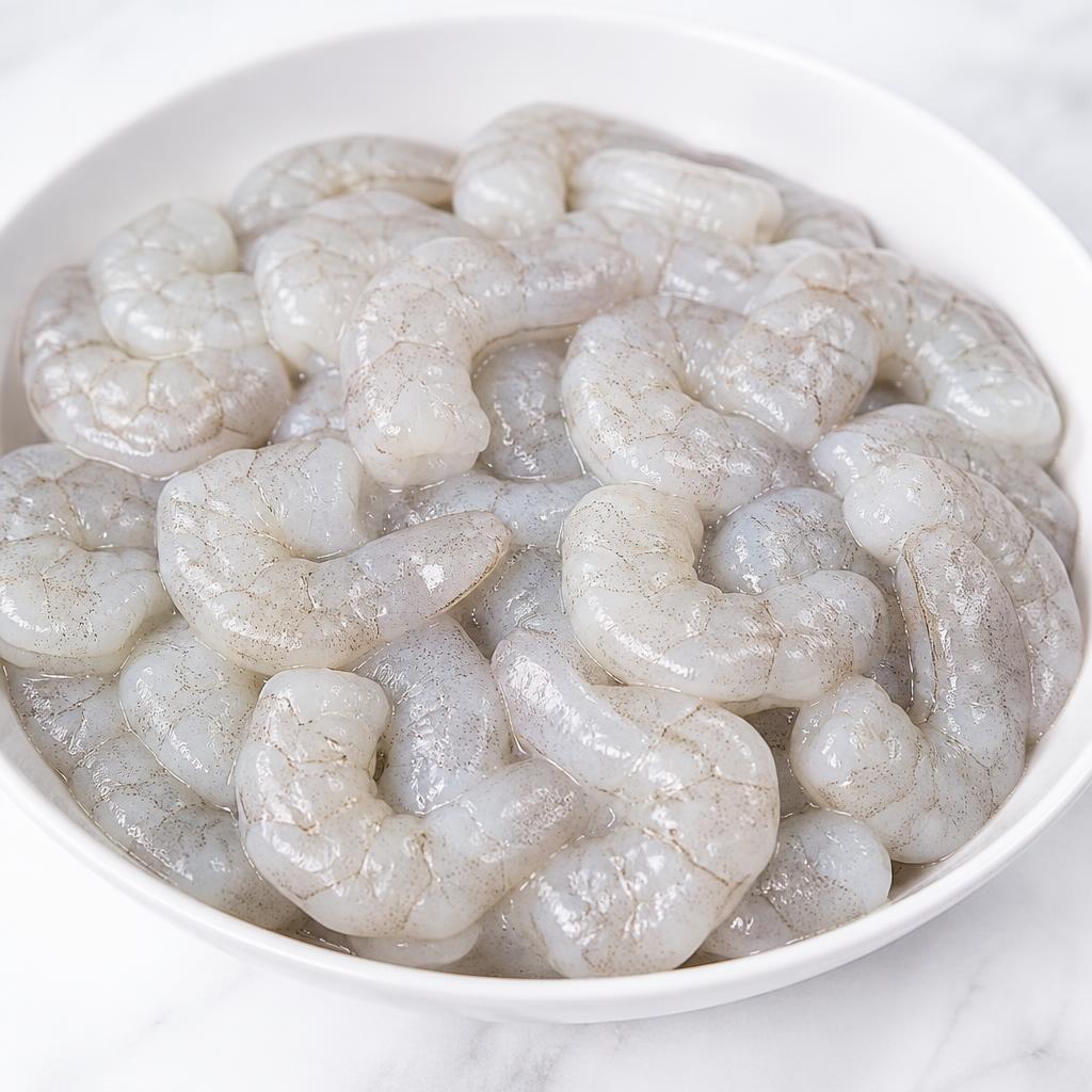 Raw peeled shrimp meat with the vein still in place, tail removed, in a white bowl