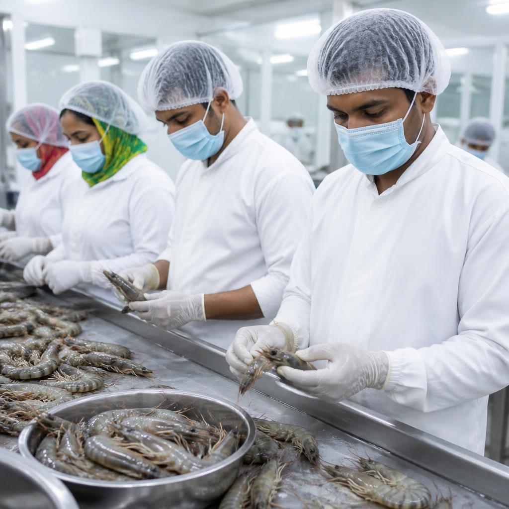 Gloved hands sorting raw grey-olive prawns on a stainless steel table in a hygienic seafood processing facility