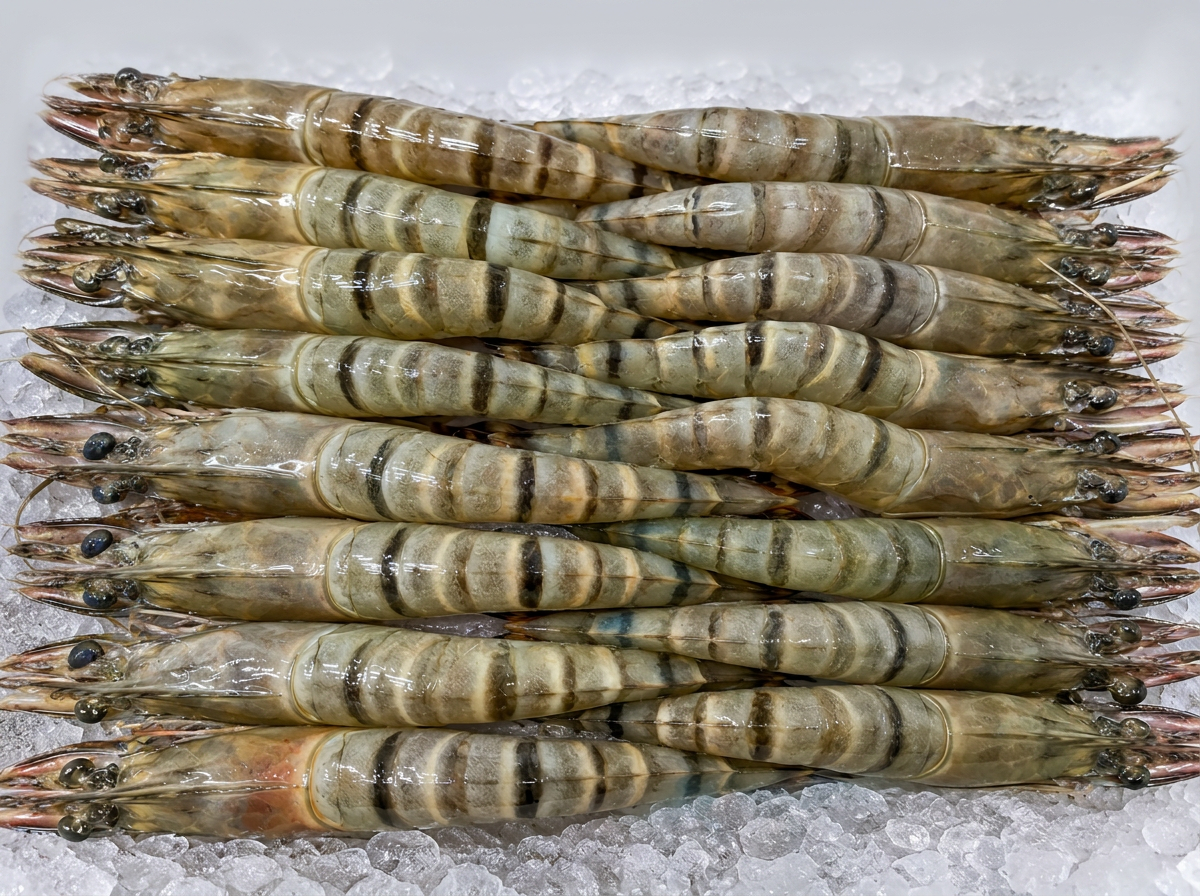 Raw head-on shell-on Black Tiger prawns with natural grey-olive tiger banding on clean crushed ice